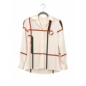 Mitsukoshi Vintage Equestrian Print Blouse Cream Button Up Medium Retro Chic